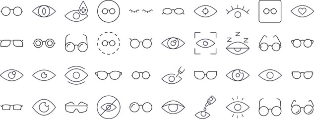 Eye and Glasses Thin Line Icon Set. Outline Signs for Graphic and Web Design, Apps, Adverts, Various Cards