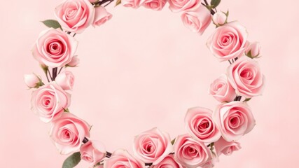 A delicate circle of pink roses arranged on a soft, pale pink background, creating a romantic and elegant floral frame.