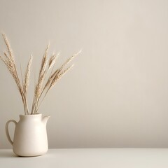 Dried pampas grass in white vase on neutral background, minimalist home decor, copy space