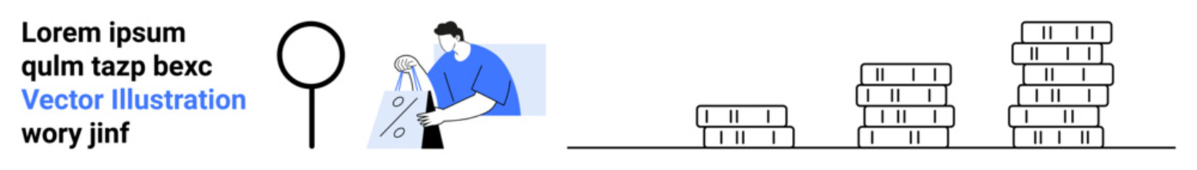 Individual with magnifying glass examining documents, accompanied by stacks of coins. Ideal for financial analysis, research, investments, economy, auditing, business strategies reports. Landing