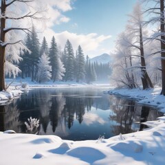 A beautiful winter landscape with a frozen lake and snow-covered trees, snowy, winter