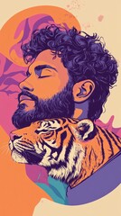 Fototapeta premium Portrait of a man with a tiger, vibrant colors.