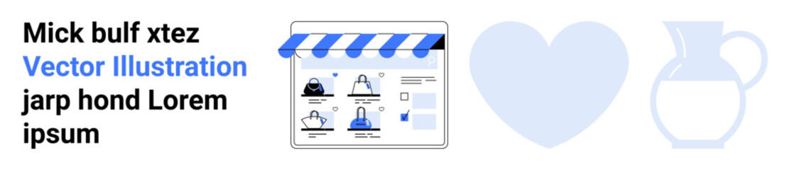 Storefront icon with webpage displaying various items, large heart symbol, and pitcher. Ideal for e-commerce, online shopping, digital marketing, product listings, social media, customer engagement