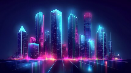 A futuristic neon cityscape with glowing skyscrapers on a dark background.