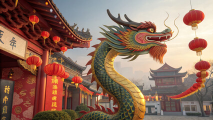 Fototapeta premium Traditional dragon statues and lanterns in a decorated Chinese temple for Lunar New Year celebrations, ideal for cultural campaigns, festive ads, tourism, and event marketing, emphasizing Chinese heri