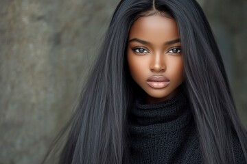 Naklejka premium Long trim - straight hair. Commercial promotion conceptual art. Pretty calm black girl - for ads, advertisement and web marketing use. Black hair model. Glam black model. Long hair glamour.