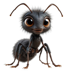 A digitally rendered image depicts a cute, furry cartoon ant with oversized eyes and a friendly...