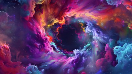 a fantastical journey through an abstract cosmos filled with vibrant colors and celestial wonders, with a blank space in the center for text, bold and dynamic hues against a celestial backdrop