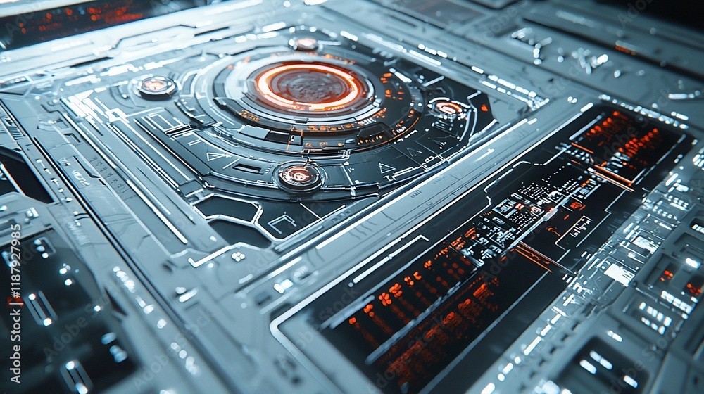 Poster futuristic metallic interface with glowing orange central component.