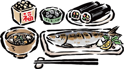 節分の食卓　筆タッチ手描きイラスト