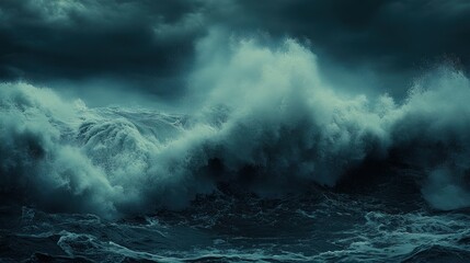 Giant ocean waves crashing under stormy sky.