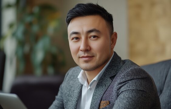Professional asian male young adult in business attire smiling indoors