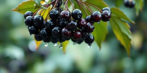 A cluster of plump, dark berries hangs from a branch, glistening with raindrops after a recent shower.