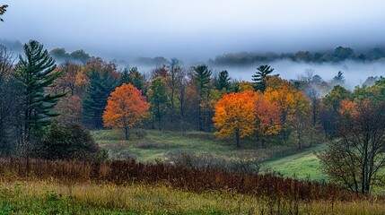 Misty autumn landscape with vibrant fall foliage in a valley.