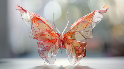 Transparent butterfly sculpture with red accents in soft-focus background