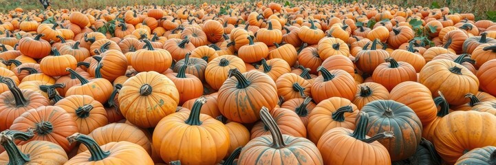 A farmer's field with a large pile of pumpkins in various stages of ripeness, autumnal landscape, farm scenes, rural scenery
