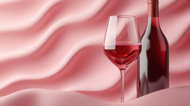 Elegant Red Wine Pouring into Glasses with Abstract Wavy Pink Background