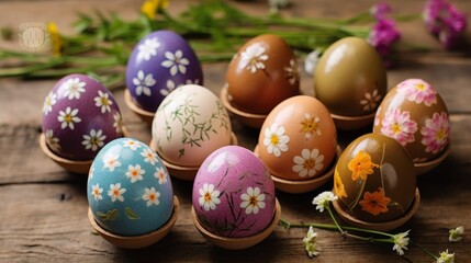 Fototapeta premium Hand-painted easter eggs with floral designs on rustic wooden table with flowers