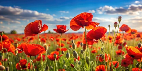 Fototapeta premium A field of red poppies swaying gently in the breeze on a warm summer day, garden inspiration, natural scenery, floral arrangement, red poppies, sunny weather