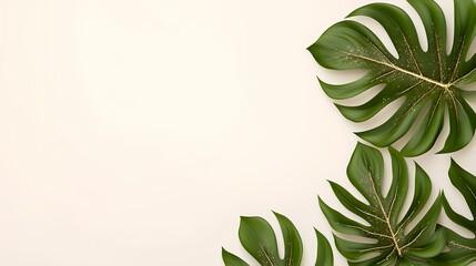 Fototapeta premium Tropical leaves flatlay on pink background, copy space, summer design, website banner