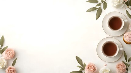 Two Tea Cups, Cupcakes, Roses, Flatlay, White Background,  Copy Space, Feminine Design