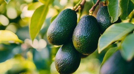 Bunch of fresh avocados ripening on an avocado tree branch in sunny garden