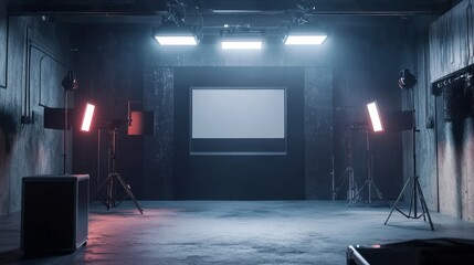 Obraz premium Industrial film studio with lighting equipment and blank screen in dimly lit environment