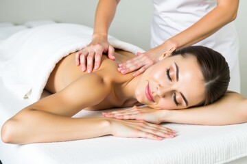 Relaxed woman enjoying a professional back massage at a spa, serene wellness and self-care concept in a tranquil setting, focus on relaxation and rejuvenation.