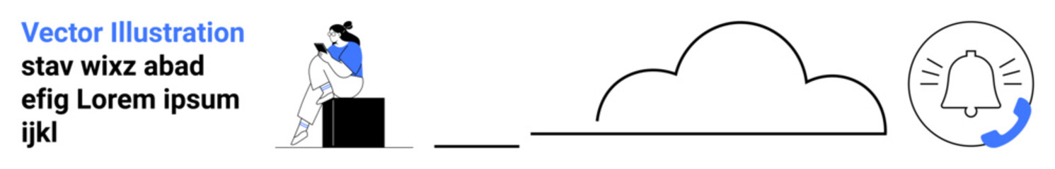 Woman sitting on a box, reading a phone. Cloud storage and notification alert icons symbolize digital connectivity and communication. Ideal for tech, cloud computing, digital marketing, email alerts