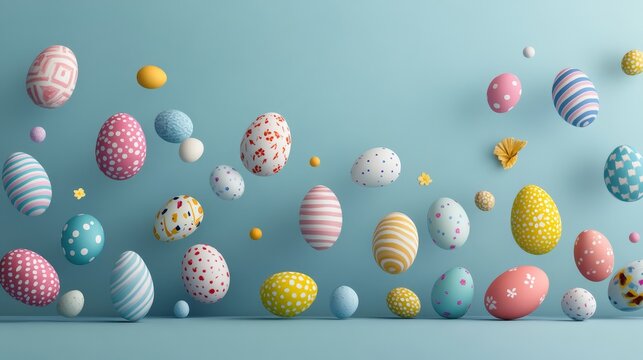 Colorful easter eggs floating against blue background