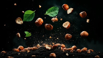 Dynamic composition of hazelnuts and leaves in mid-air explosion