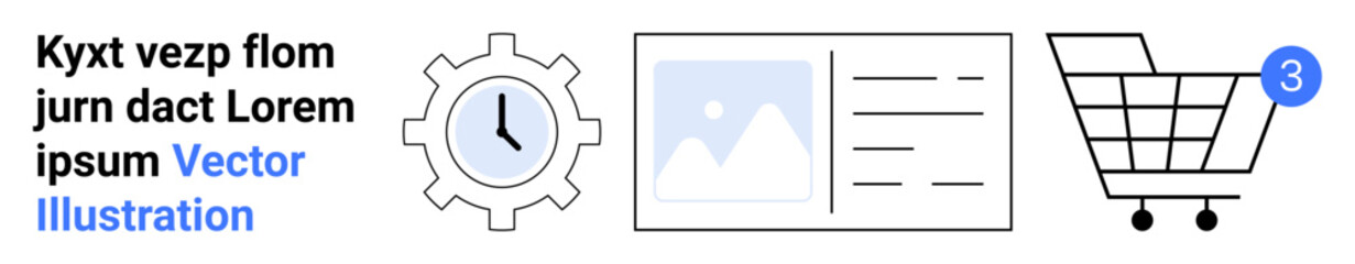 Gear with clock in the center, image with text template, shopping cart with notification. Ideal for e-commerce, website management, user interface, time management, content creation, shopping