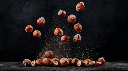 Flying hazelnuts against dark background with shell fragments and dust
