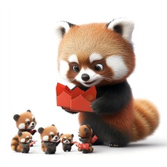 Obraz premium A cute red panda shares a gift with playful baby pandas in a charming, animated scene.