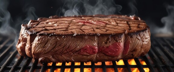 Obraz premium A juicy steak on the grill with gentle smoke signals, grilled meat, tender flesh