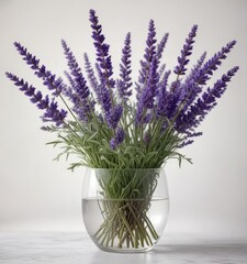 A beautiful arrangement of fresh lavender sprigs in shades of purple and white arranged in a large, clear glass vase on a soft, white background, pastel colors, lavender, fragrant flowers