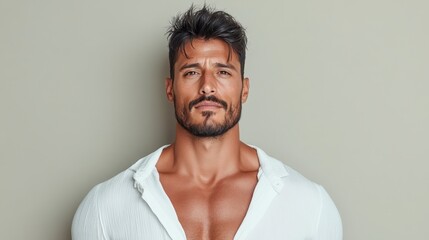 Fototapeta premium Confident man with beard in white shirt against neutral background