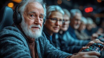 Elderly gamers engaged in multiplayer video game competition