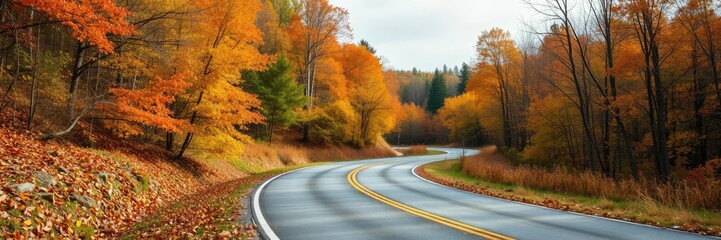 Obraz premium A beautiful fall day with a winding road that passes through a dense forest of colorful trees and fallen leaves, harvest season, leaf fall