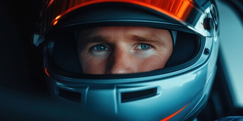 Close-up portrait of a young man wearing a racing helmet for motorsport enthusiasts