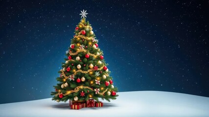 A beautifully decorated Christmas tree set against a backdrop of a starry night sky with snowflakes gently falling around it, peaceful ambiance, decorations, snowfall