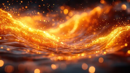 Obraz premium A vibrant orange splash flowing dynamically from the lower left, surrounded by intricate patterns and glowing highlights