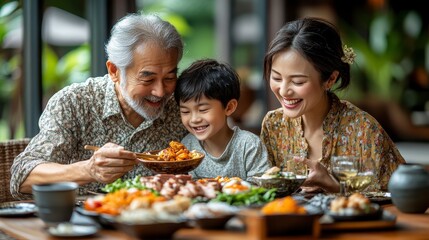Happy multigenerational family enjoying a delicious meal together at a restaurant.
