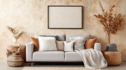 Cozy living room with beige sofa and autumn decor