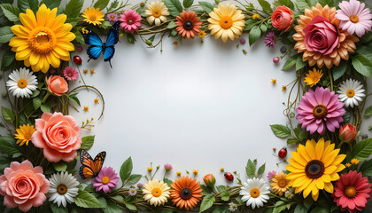 Colorful floral frame with butterflies and ladybugs on white background.