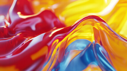 Fototapeta premium Prompt: A richly colored glossy liquid surface in vivid red, yellow, and blue, captured in soft focus. The flowing 3D texture creates an exuberant, abstract aesthetic.