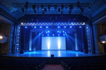 Naklejka premium A blue stage backdrop illuminated by soft glowing neon lights, blue backdrops, gentle light, soft glow