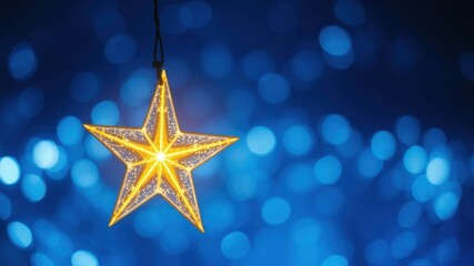 Fototapeta premium A golden star hangs against a backdrop of soft blue bokeh lights, a symbol of hope and celebration.