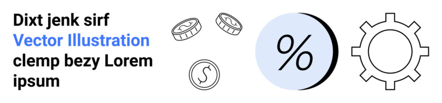 Coins, percentage sign in a circle, gear icon, and placeholder text Dixt jenk sirf Vector Illustration clemp bezy Lorem ipsum. Ideal for financial, technology, economics, education, presentations