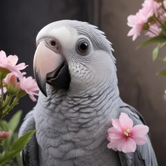 Fototapeta premium A curious grey parrot looks at a small white flower with a pink center, nature, bird